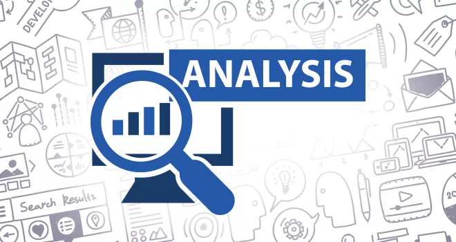 Graphic of magnifying glass over bar graph on a screen. Reads Analysis.